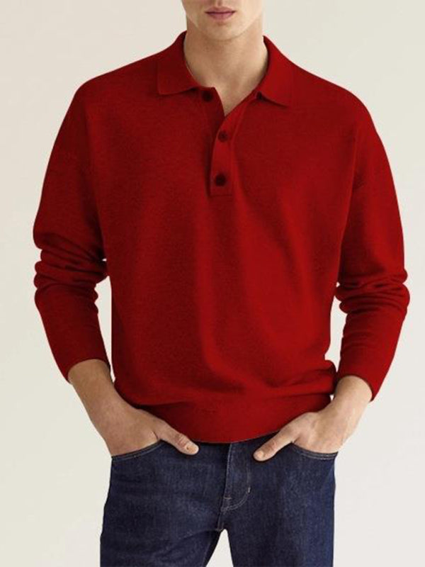 Long Sleeve V Neck Button Men’s Casual Top Polo Shirt - Red / S
