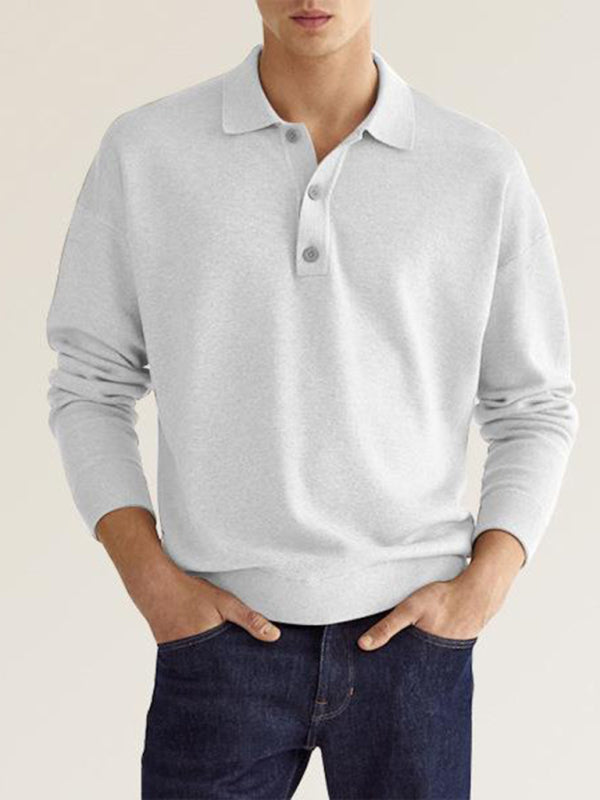 Long Sleeve V Neck Button Men’s Casual Top Polo Shirt - White / S