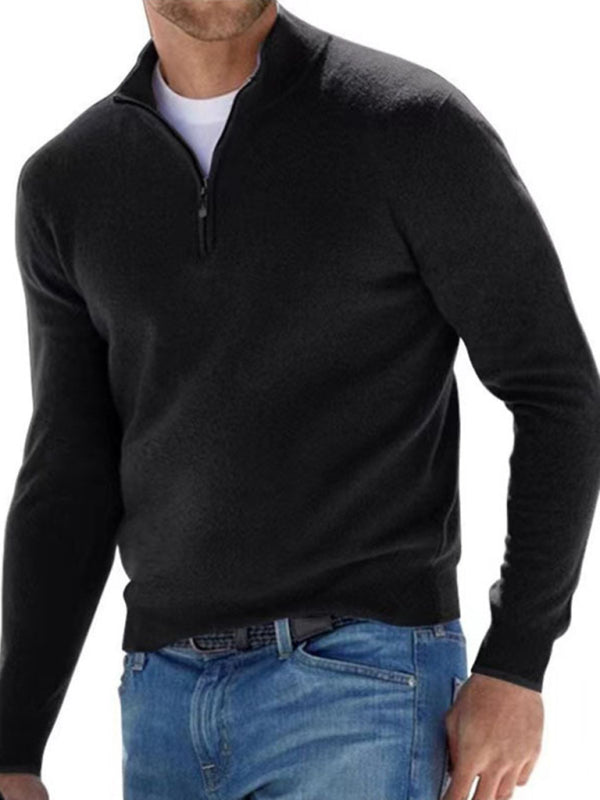 Long Sleeve V Neck Wool Fleece Zipper Men’s Casual Top Polo Shirt - Black / S