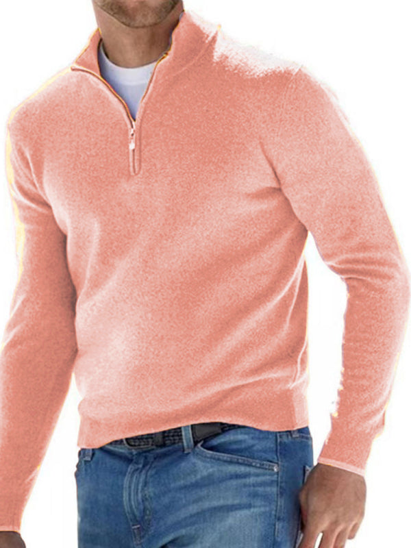 Long Sleeve V Neck Wool Fleece Zipper Men’s Casual Top Polo Shirt - Pink / S