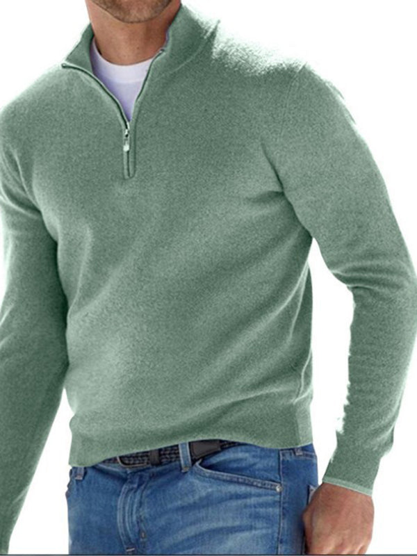 Long Sleeve V Neck Wool Fleece Zipper Men’s Casual Top Polo Shirt - Pale green / S