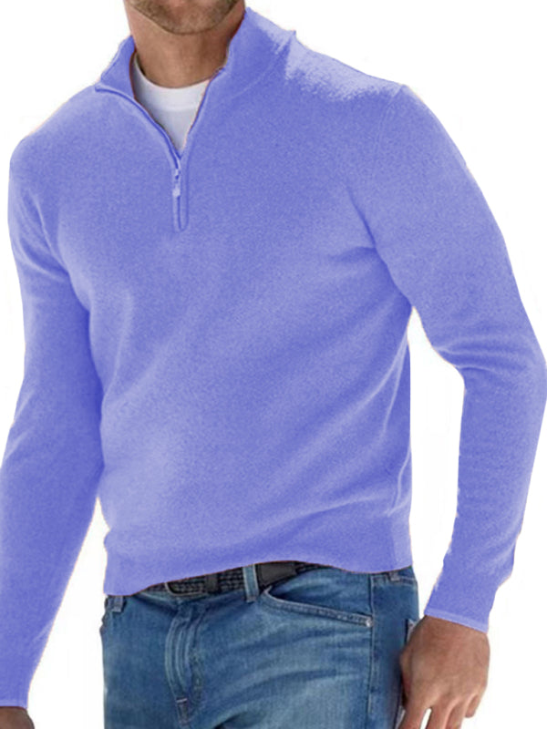 Long Sleeve V Neck Wool Fleece Zipper Men’s Casual Top Polo Shirt - Purple / S