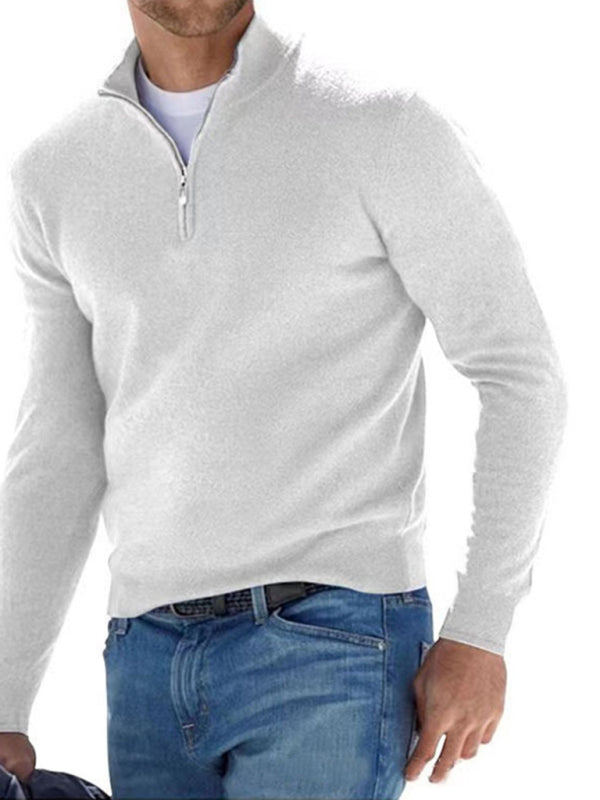 Long Sleeve V Neck Wool Fleece Zipper Men’s Casual Top Polo Shirt - White / S