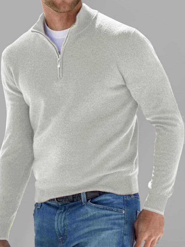 Long Sleeve V Neck Wool Fleece Zipper Men’s Casual Top Polo Shirt - Cracker khaki / S