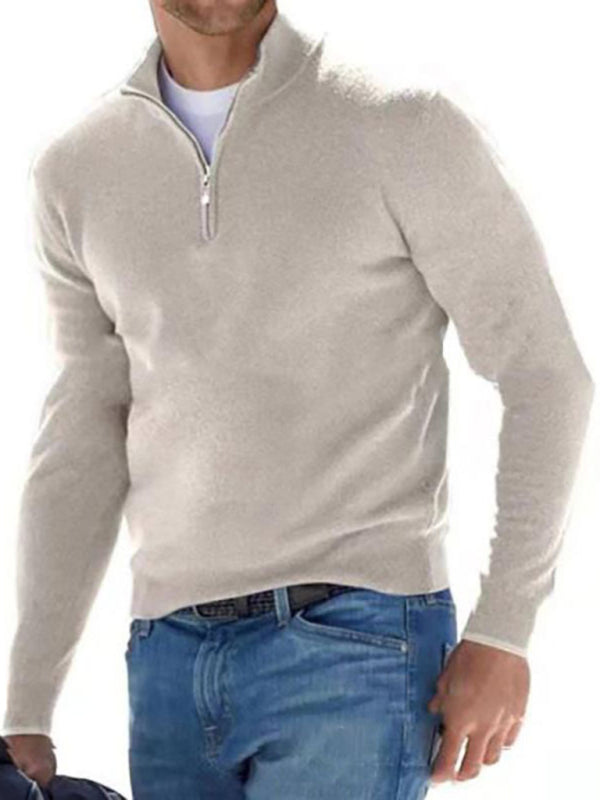 Long Sleeve V Neck Wool Fleece Zipper Men’s Casual Top Polo Shirt - Cream / S
