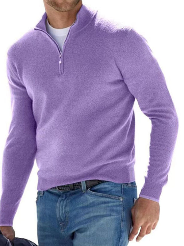 Long Sleeve V Neck Wool Fleece Zipper Men’s Casual Top Polo Shirt - Lavender / S