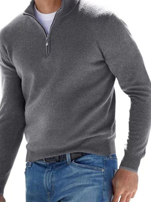 Long Sleeve V Neck Wool Fleece Zipper Men’s Casual Top Polo Shirt - Grey / S