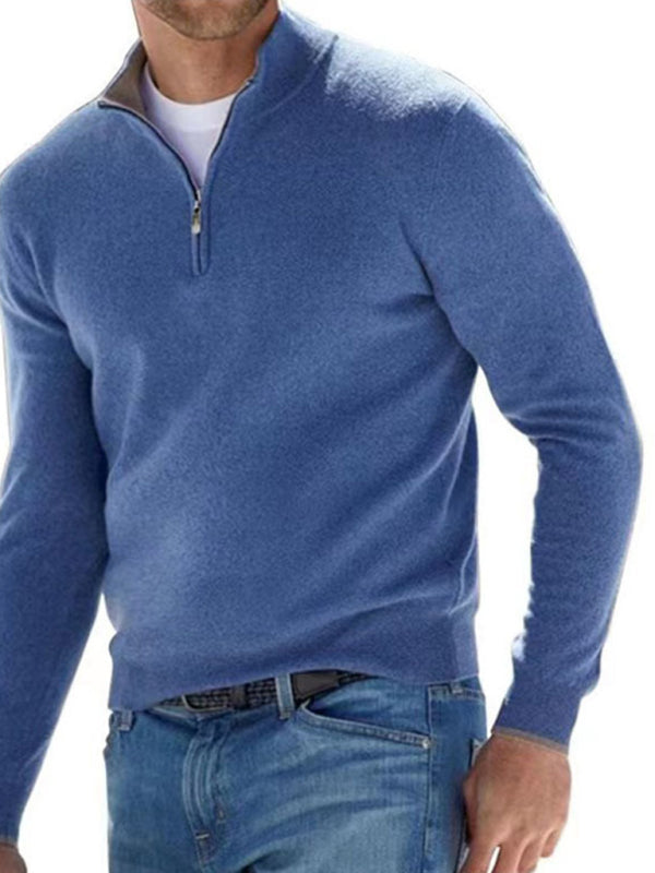 Long Sleeve V Neck Wool Fleece Zipper Men’s Casual Top Polo Shirt - Blue / S