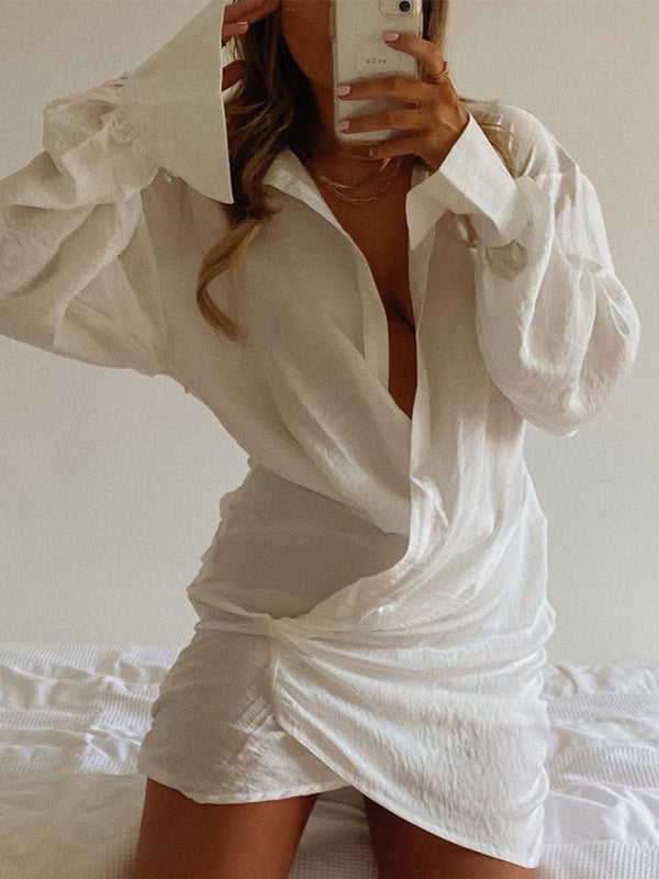 Long sleeve white shirt sexy deep V women’s dress - White / S