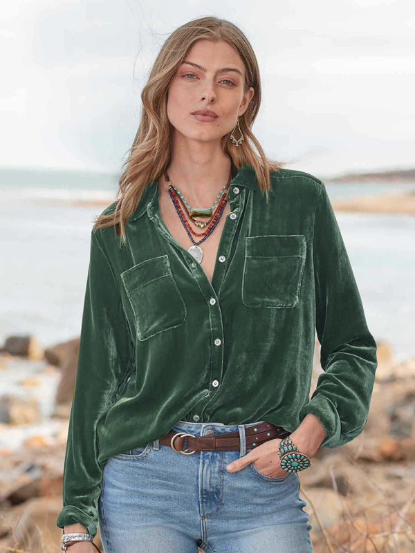 Long-sleeved all-match velvet and golden velvet top with loose base lining - Olive green / S