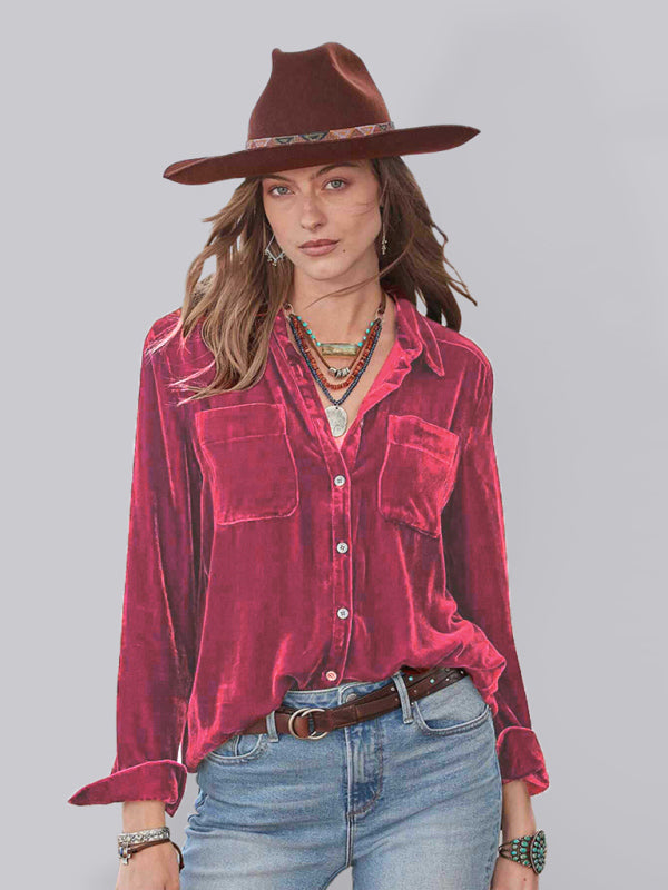 Long-sleeved all-match velvet and golden velvet top with loose base lining - Brick red / S