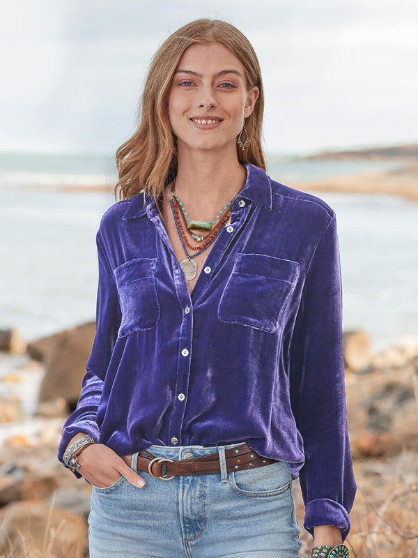 Long-sleeved all-match velvet and golden velvet top with loose base lining - Purple / S