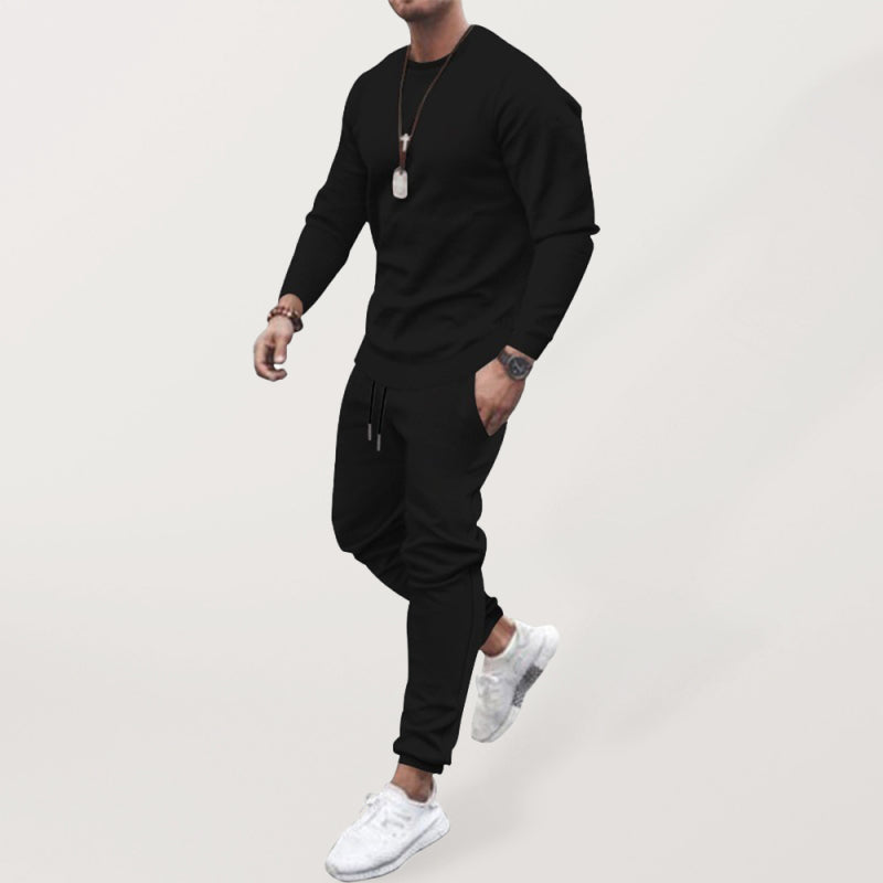 Long-sleeved casual suit men’s solid color trendy sports suit - Black / M