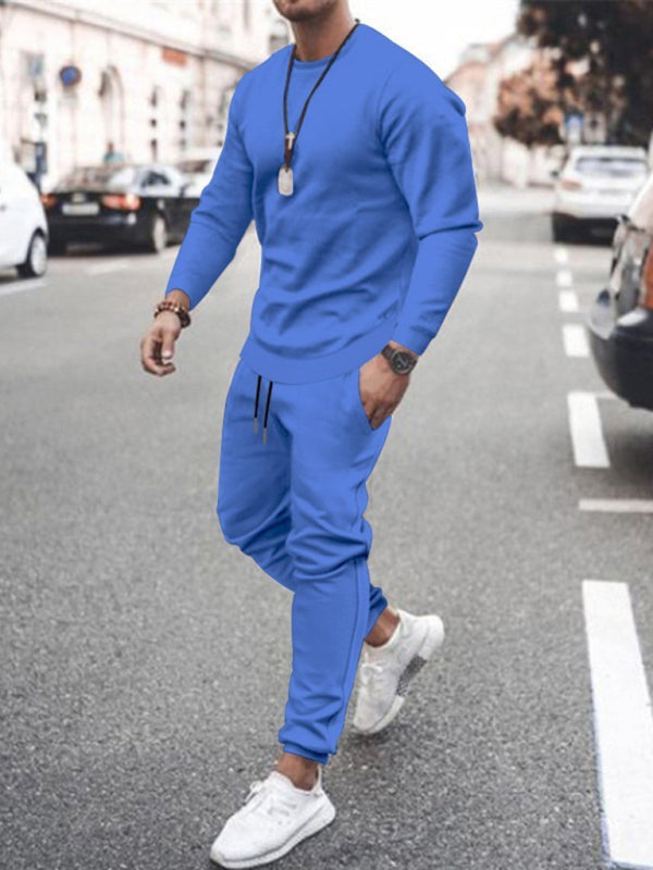 Long-sleeved casual suit men’s solid color trendy sports suit - Clear blue / M
