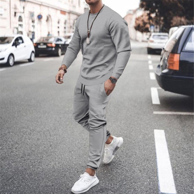 Long-sleeved casual suit men’s solid color trendy sports suit - Misty grey / M