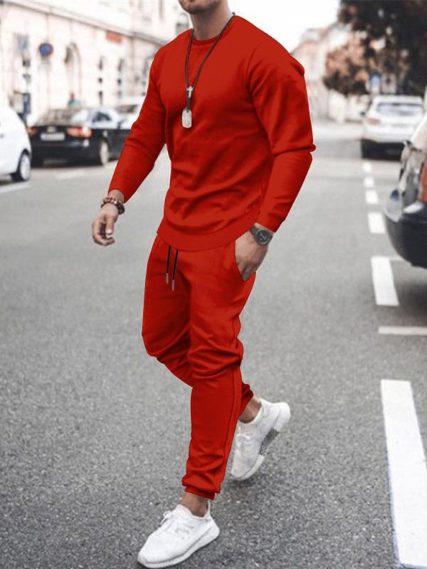 Long-sleeved casual suit men’s solid color trendy sports suit - Red / M
