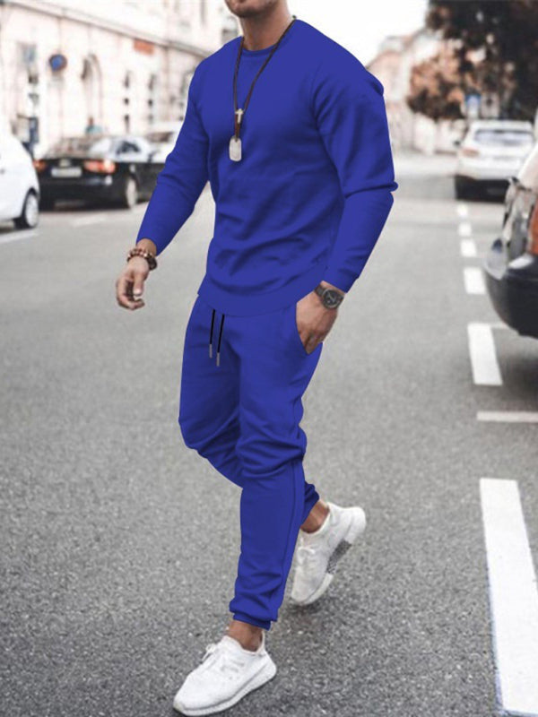 Long-sleeved casual suit men’s solid color trendy sports suit - Royal blue / M
