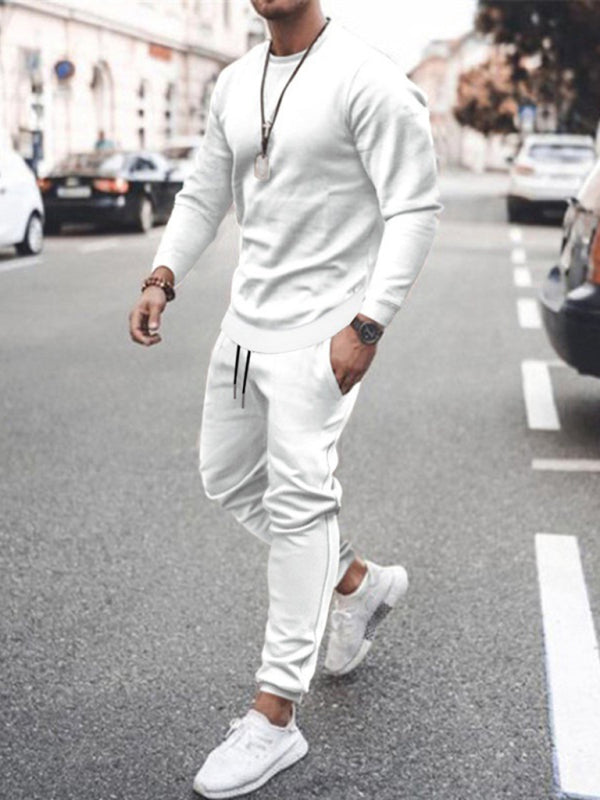 Long-sleeved casual suit men’s solid color trendy sports suit - White / M