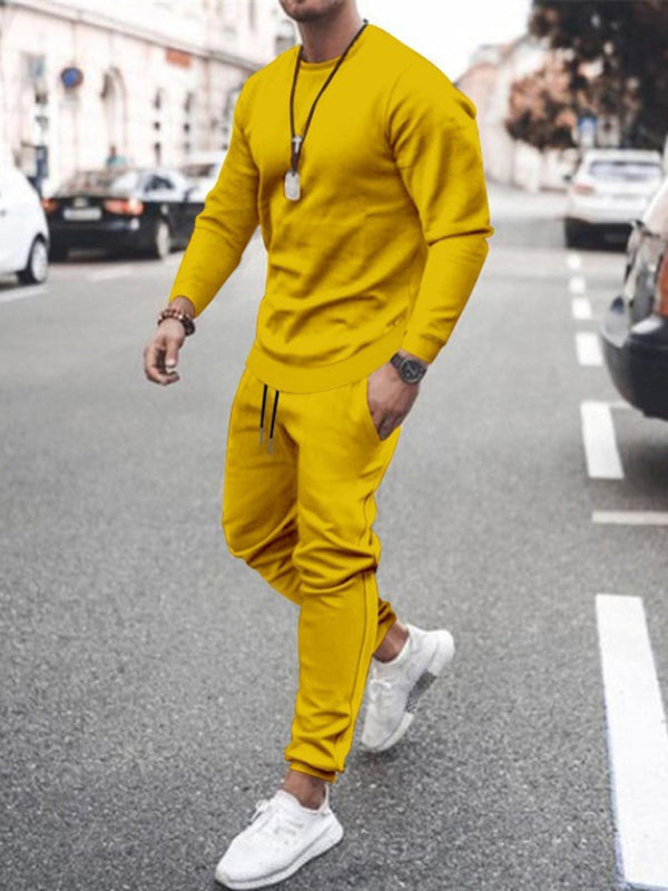Long-sleeved casual suit men’s solid color trendy sports suit - Yellow / M