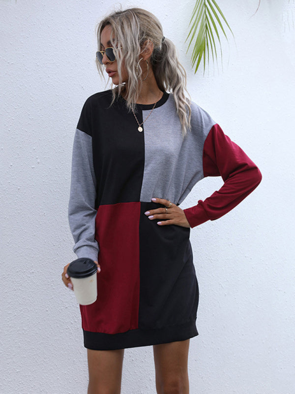 Long-sleeved color block round neck casual sweater dress - Closther