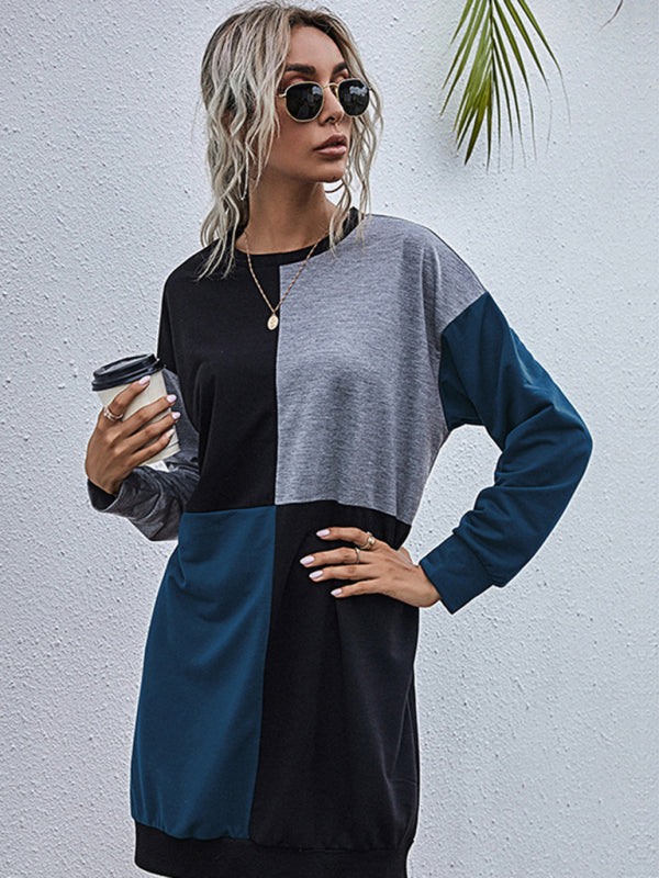 Long-sleeved color block round neck casual sweater dress - Closther