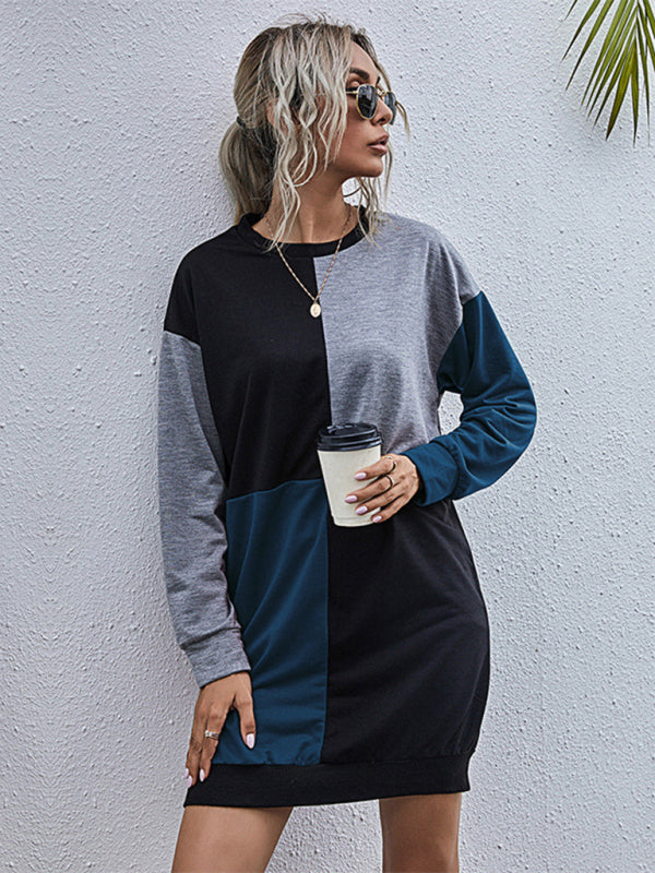 Long-sleeved color block round neck casual sweater dress - Closther