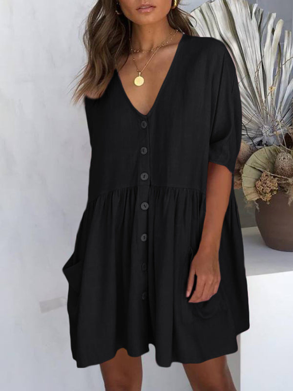 Loose Button Rayon Slub Casual Dress Beach Cover Up Holiday Dress - Black / FREESIZE