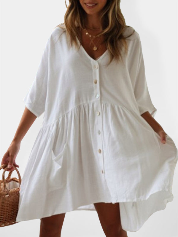 Loose Button Rayon Slub Casual Dress Beach Cover Up Holiday Dress - White / FREESIZE