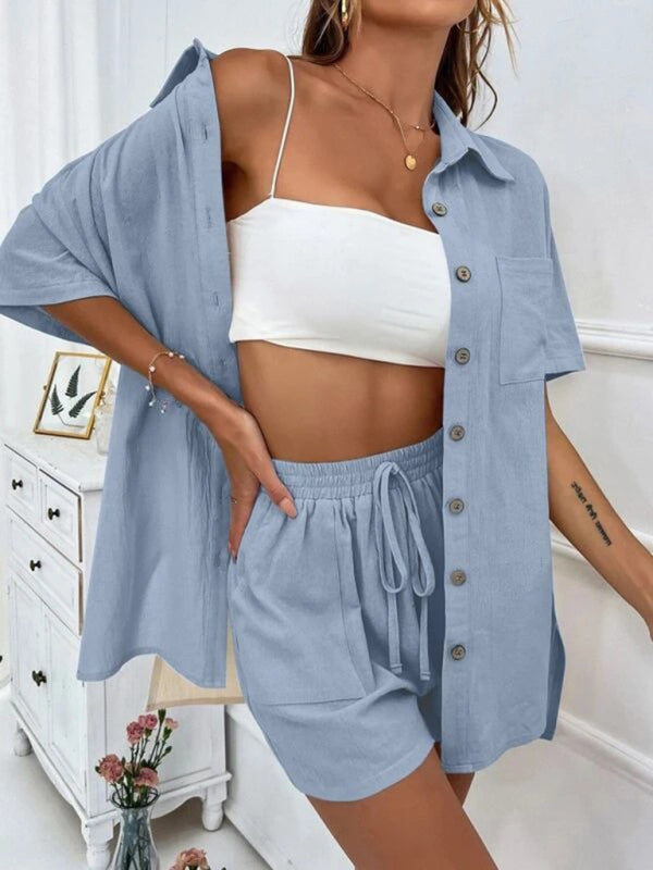 Loose-fit short-sleeve single-breasted shorts Two-piece solid-color shirt set - Blue / S