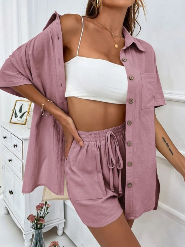 Loose-fit short-sleeve single-breasted shorts Two-piece solid-color shirt set - Pink / S