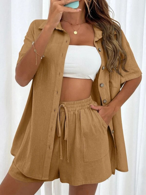 Loose-fit short-sleeve single-breasted shorts Two-piece solid-color shirt set - Brown / S