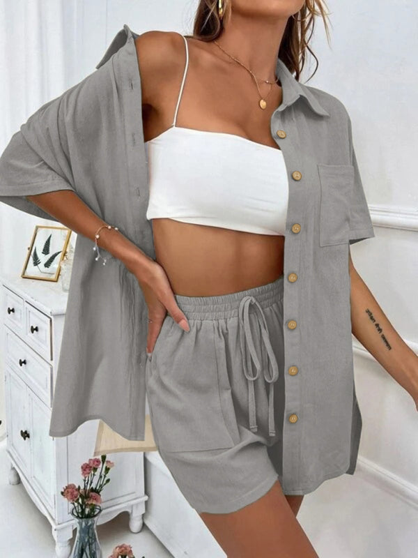 Loose-fit short-sleeve single-breasted shorts Two-piece solid-color shirt set - Olive green / S