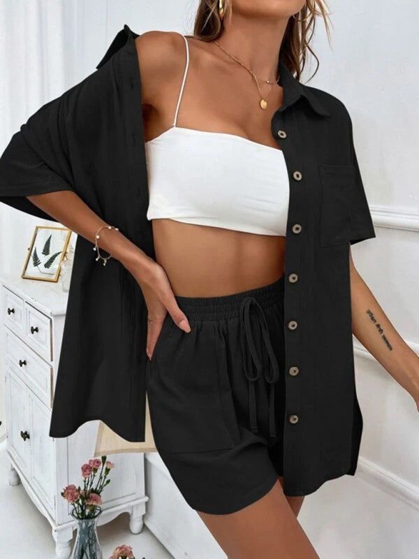 Loose-fit short-sleeve single-breasted shorts Two-piece solid-color shirt set - Black / S