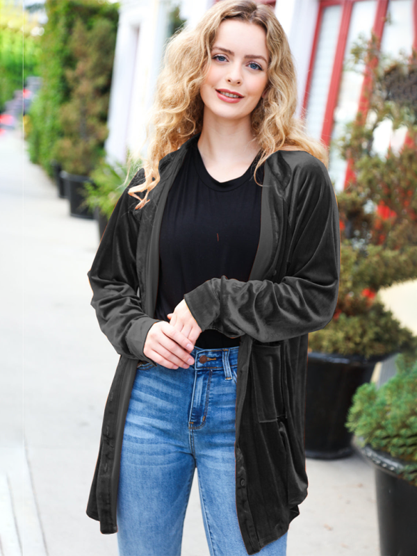 Loose-fitting gold-tone pocketed long-sleeved shirt jacket - Black / S