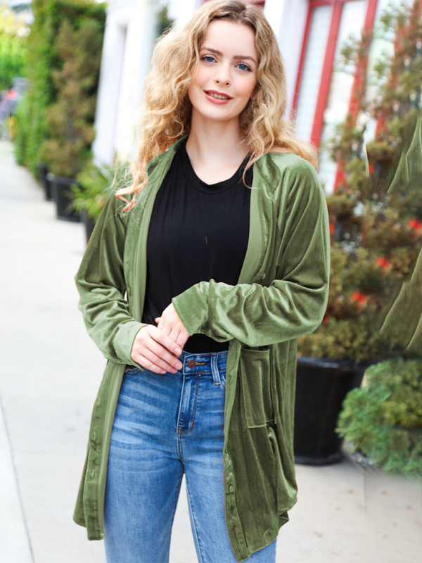 Loose-fitting gold-tone pocketed long-sleeved shirt jacket - Olive green / S