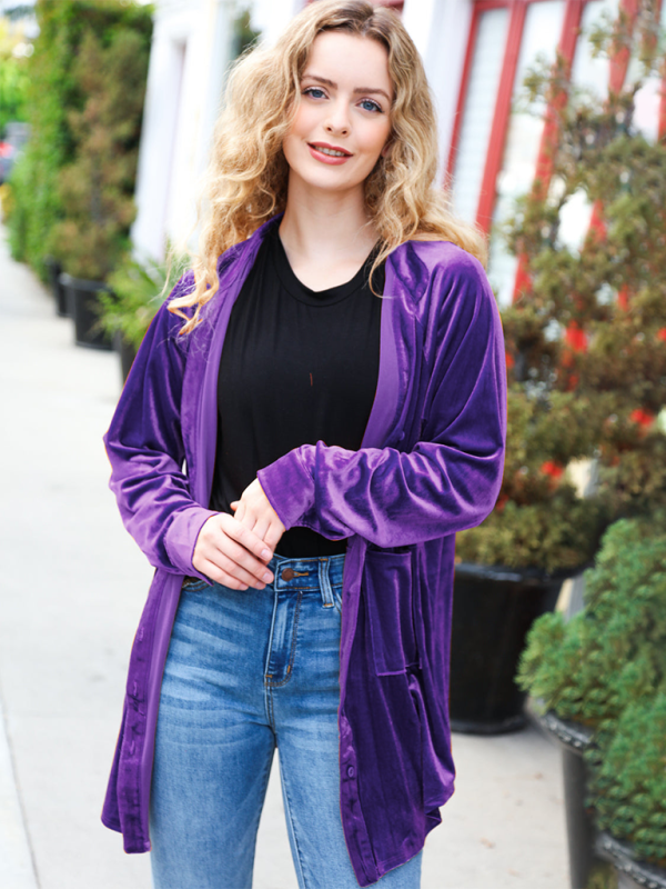 Loose-fitting gold-tone pocketed long-sleeved shirt jacket - Purple / S