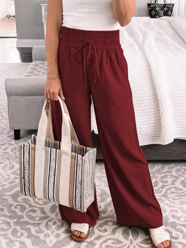 Loose Home Casual Trousers Mid-Waist Solid Color Lace-Up Wide-Leg Pants - Wine Red / S