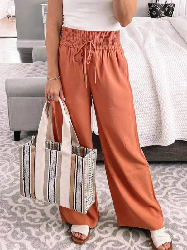 Loose Home Casual Trousers Mid-Waist Solid Color Lace-Up Wide-Leg Pants - Orange Red / S