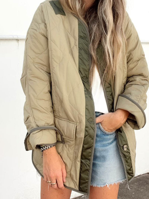 Loose Hourglass Quilted Cotton Colorblock Double Patch Pocket Jacket - Olive green / S
