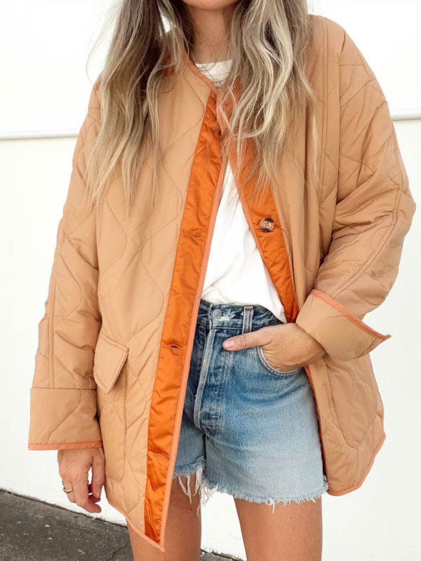 Loose Hourglass Quilted Cotton Colorblock Double Patch Pocket Jacket - Orange / S