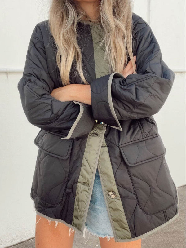 Loose Hourglass Quilted Cotton Colorblock Double Patch Pocket Jacket - Black / S