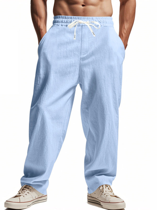 Loose linen casual wide-leg beach sports four seasons breathable trousers - Clear blue / S