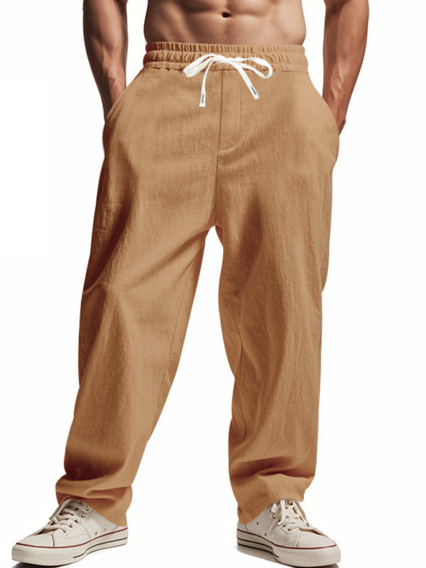 Loose linen casual wide-leg beach sports four seasons breathable trousers - Earth yellow / S