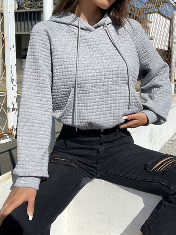 Loose pullover hooded long-sleeved patchwork waffle sweatshirt - Grey / S