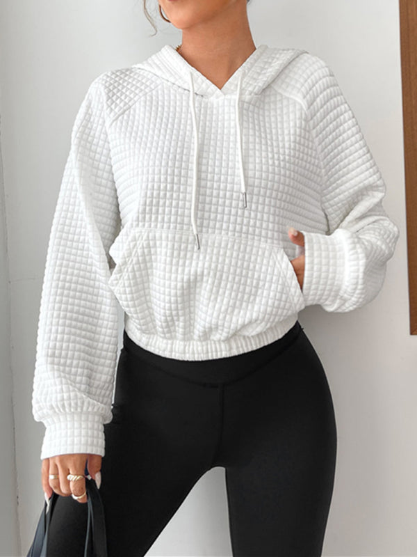 Loose pullover hooded long-sleeved patchwork waffle sweatshirt - White / S
