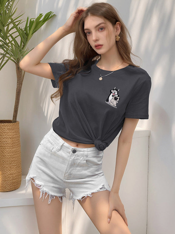 Loose round neck cute dog cartoon print T-shirt - Grey / S