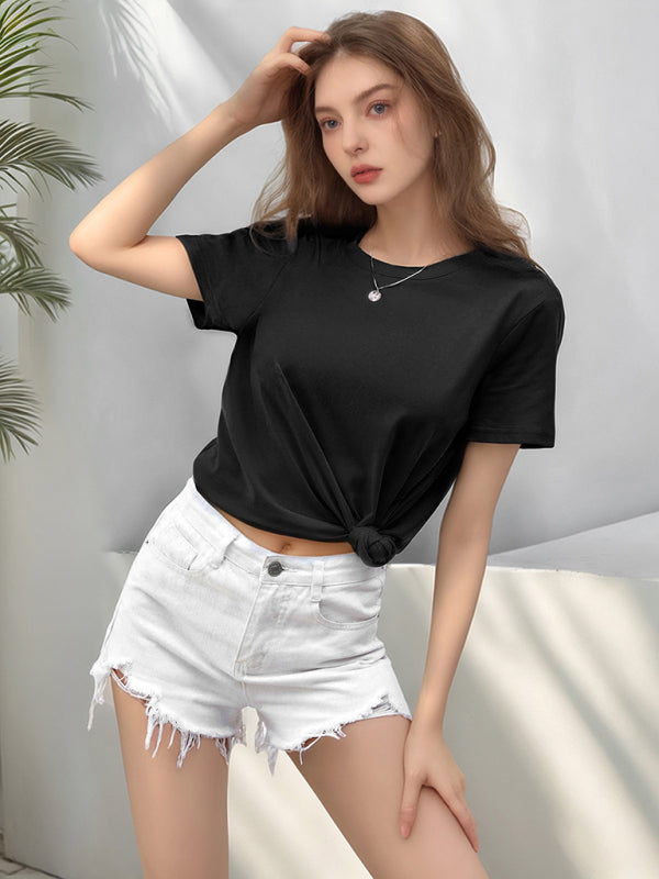 Loose round neck solid color short sleeve T-shirt - Black / S