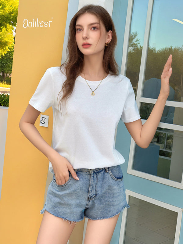 Loose round neck solid color short sleeve T-shirt - White / S