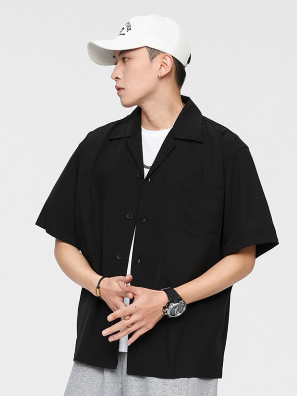 Loose Solid Color Casual Lapel Ordinary Short Sleeve Shirt Men - Black / M