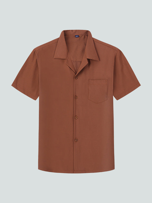 Loose Solid Color Casual Lapel Ordinary Short Sleeve Shirt Men - Khaki / M